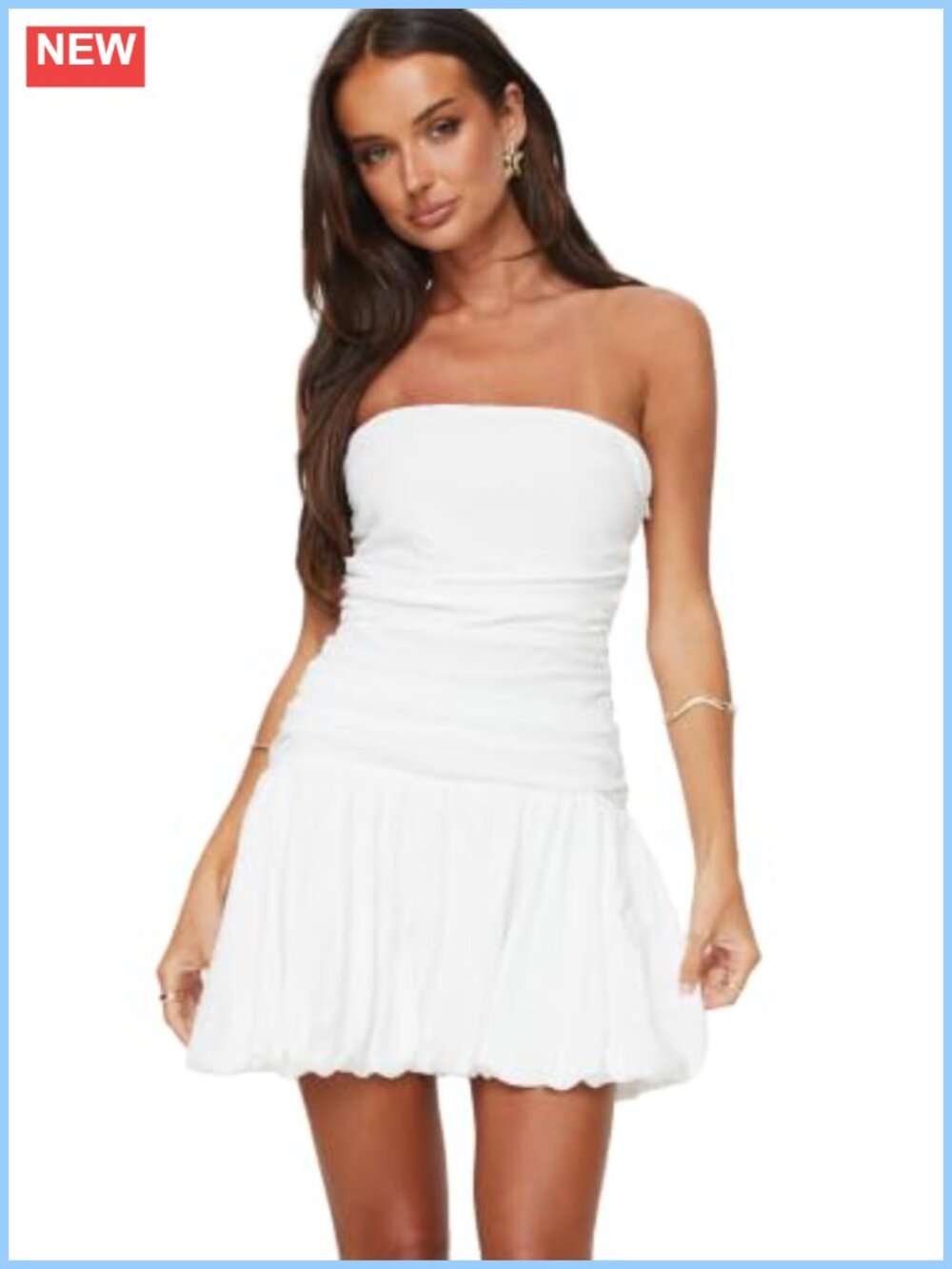 Strapless Bubble Hem Mini Dress Ruching Square Neck Party Club